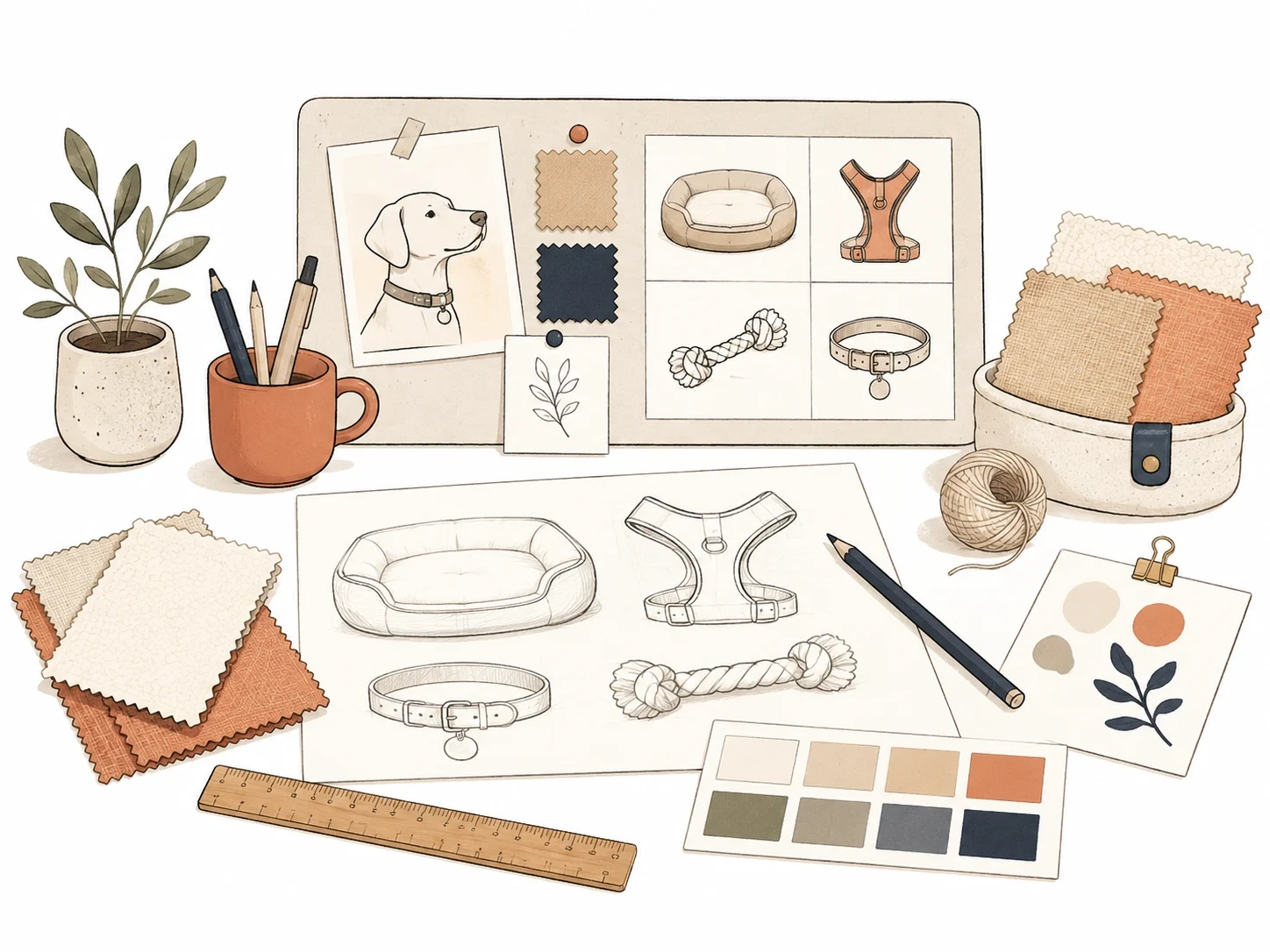 Pet product planning with sketches, materials and color samples
